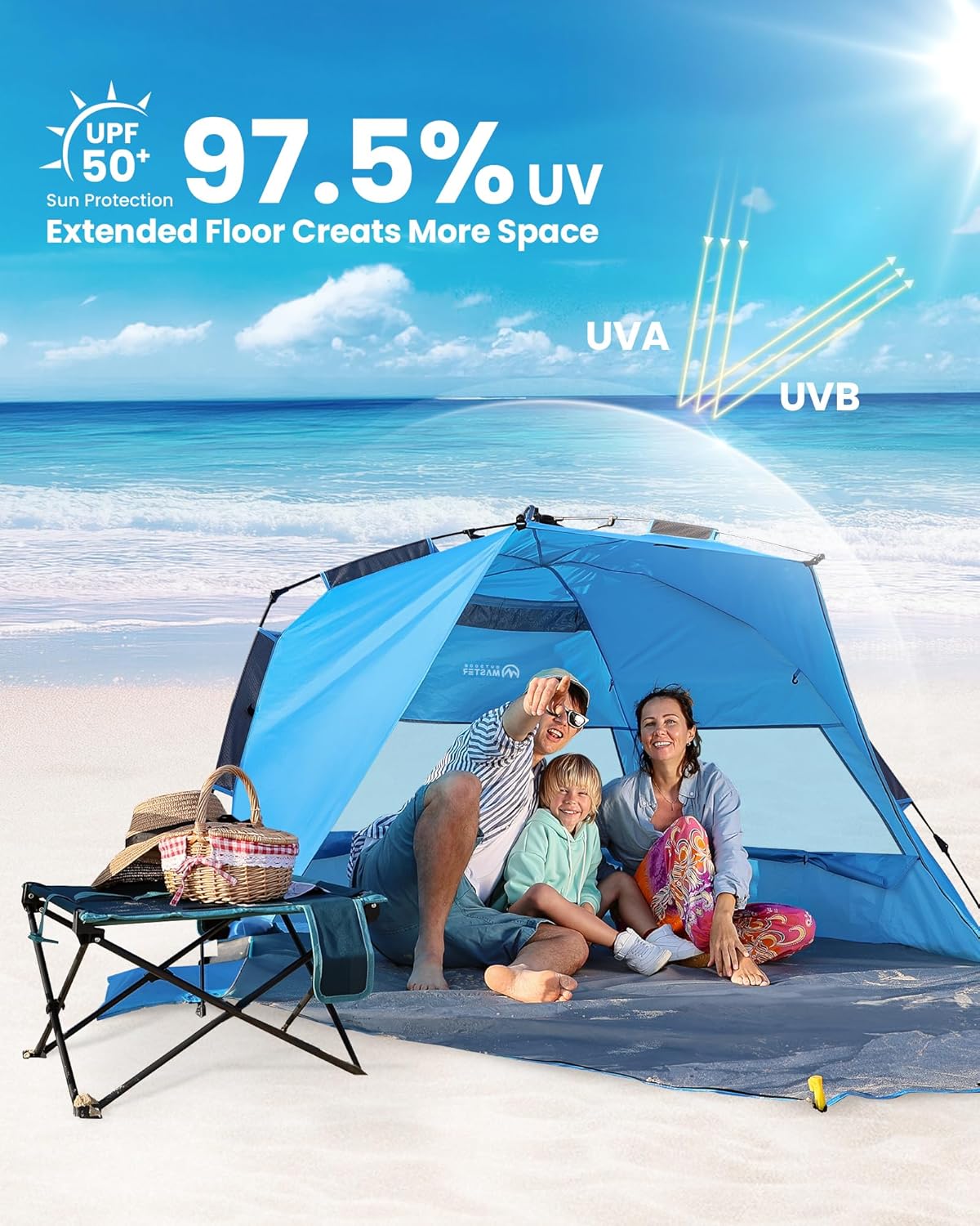 OutdoorMaster Pop Up 3-4 Person Beach Tent X-Large - Easy Setup, Portable Beach Shade Canopy Folding Sun Shelter with UPF 50+ UV Protection Removable Skylight Family Size (Blue)