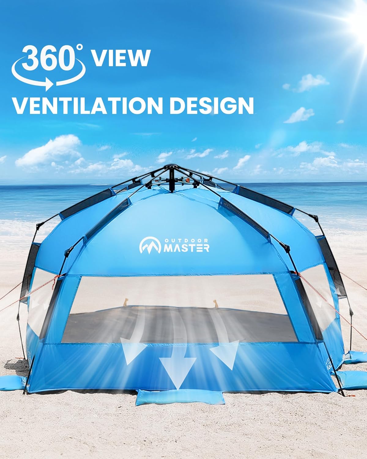 OutdoorMaster Pop Up 3-4 Person Beach Tent X-Large - Easy Setup, Portable Beach Shade Canopy Folding Sun Shelter with UPF 50+ UV Protection Removable Skylight Family Size (Blue)