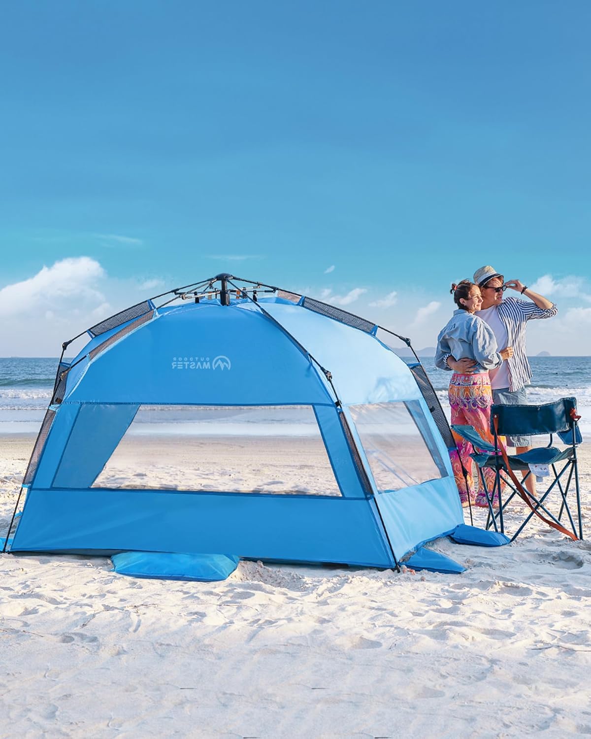 OutdoorMaster Pop Up 3-4 Person Beach Tent X-Large - Easy Setup, Portable Beach Shade Canopy Folding Sun Shelter with UPF 50+ UV Protection Removable Skylight Family Size (Blue)