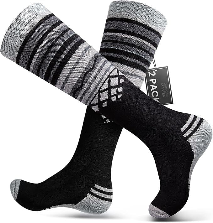 OutdoorMaster Ski Socks 2-Pack Merino Wool, Over The Calf Non-Slip Cuff for Men &amp; Women-Black,Large