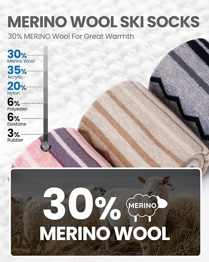 OutdoorMaster Ski Socks 2-Pack Merino Wool, Over The Calf Non-Slip Cuff for Men & Women-Black,Large