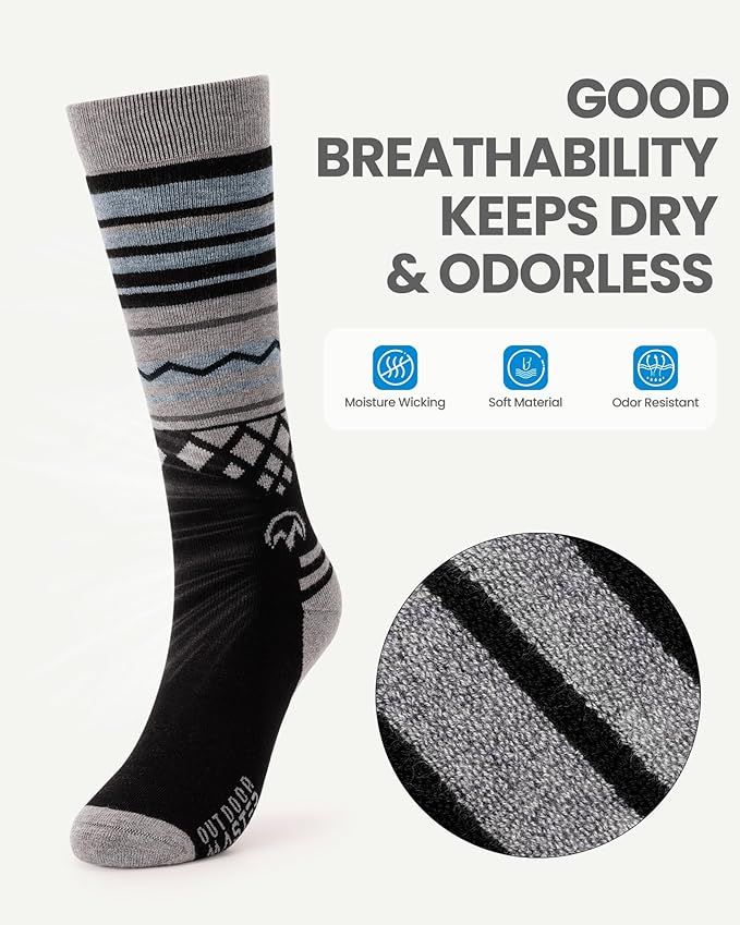 OutdoorMaster Ski Socks 2-Pack Merino Wool, Over The Calf Non-Slip Cuff for Men & Women-Black,Large