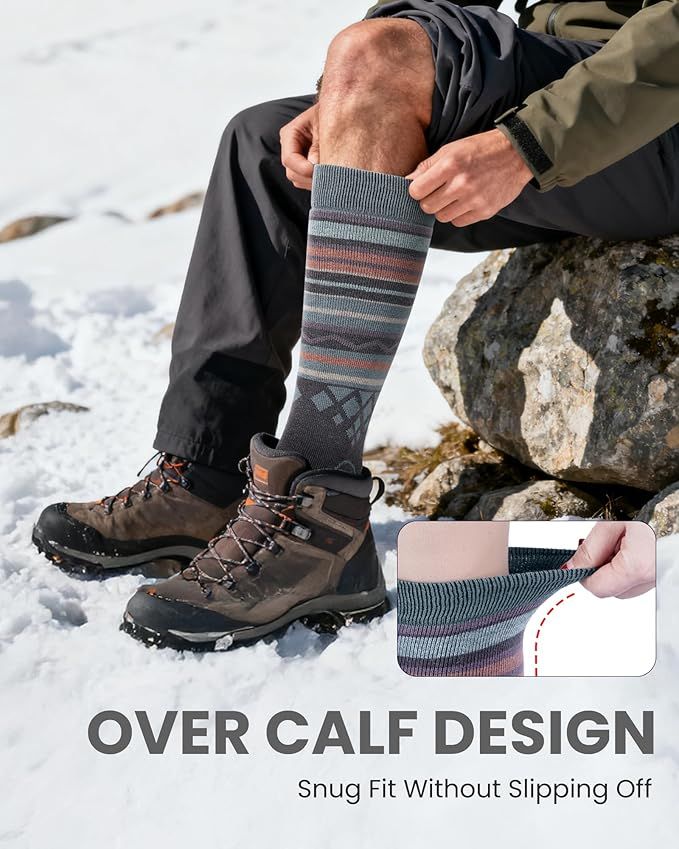 OutdoorMaster Ski Socks 4-Pack Merino Wool, Over The Calf Non-Slip Cuff for Men & Women