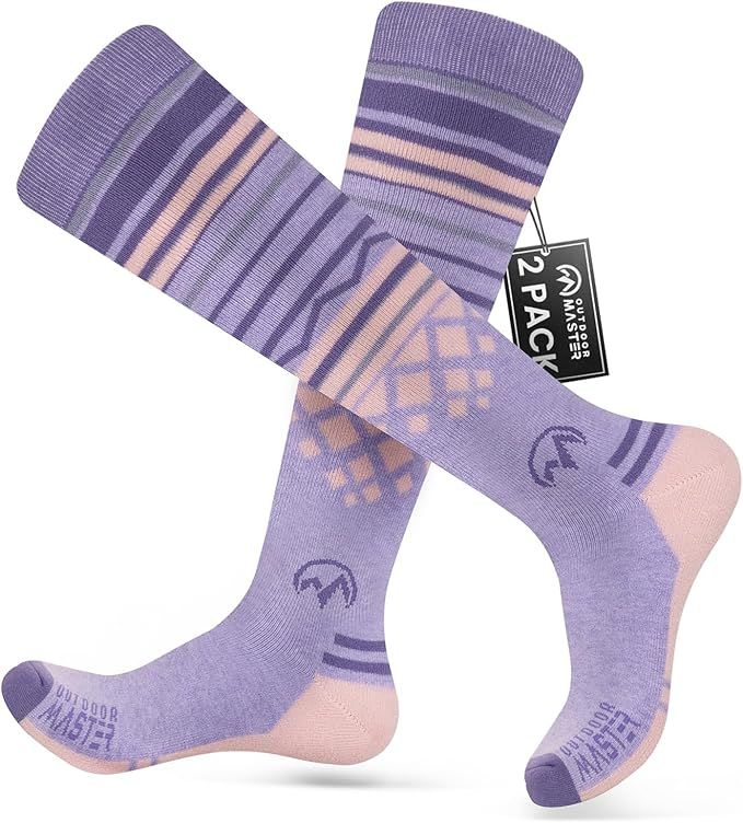 OutdoorMaster Ski Socks 2-Pack Merino Wool, Over The Calf Non-Slip Cuff for Men & Women-Purple Pink,Medium