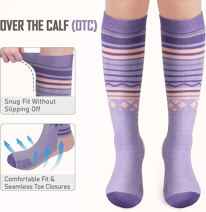 OutdoorMaster Ski Socks 2-Pack Merino Wool, Over The Calf Non-Slip Cuff for Men & Women-Purple Pink,Medium