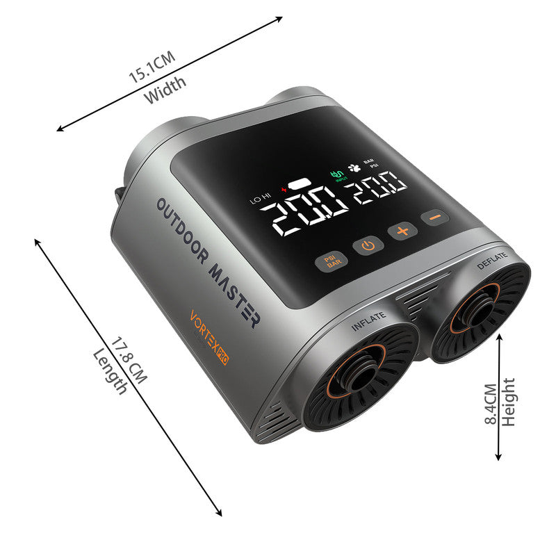 OutdoorMaster Vortex Pro 57.7Wh Rechargeable Paddle Board Pump Portable, Electric SUP Pump Battery for 3 SUPs Inflation & Deflation, Max 20PSI 12V/15.8V DC & Type-C Input, 8 Nozzles for Inflatables