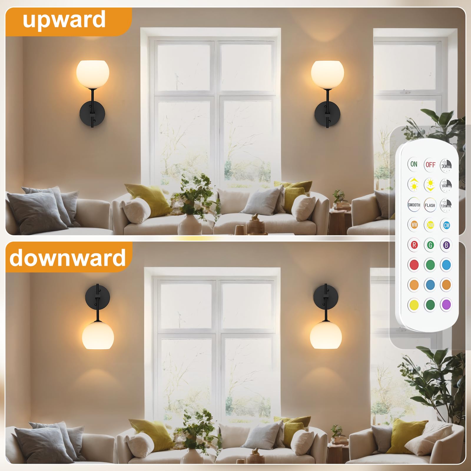 Wall Sconces Set of Two, Wireless Battery Operated Wall Decor with Remote, Sconces Wall Lighting with Glass Shade, Upward and Downward Installation, 12 RGB Colors and 3 CCT Options