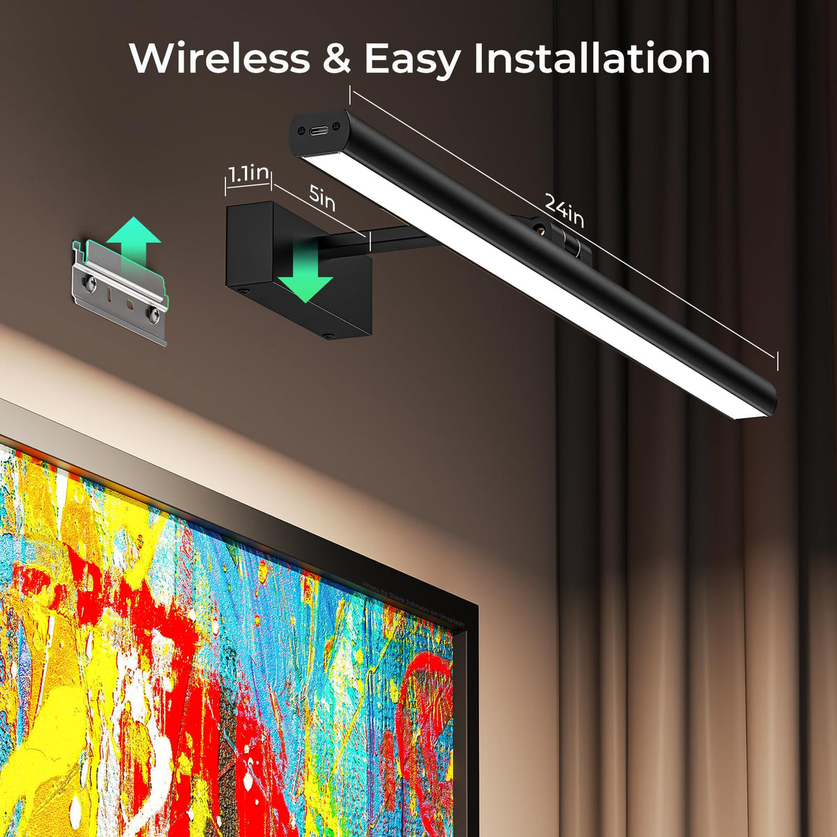 Wireless Picture Lights for Wall, Battery Operated Wall Light for Painting Rechargeable CCT Rotatable Art Gallery Light with Remote Dimmable Timer for Artwork Frame Display Dartboard (Black, 16inch)