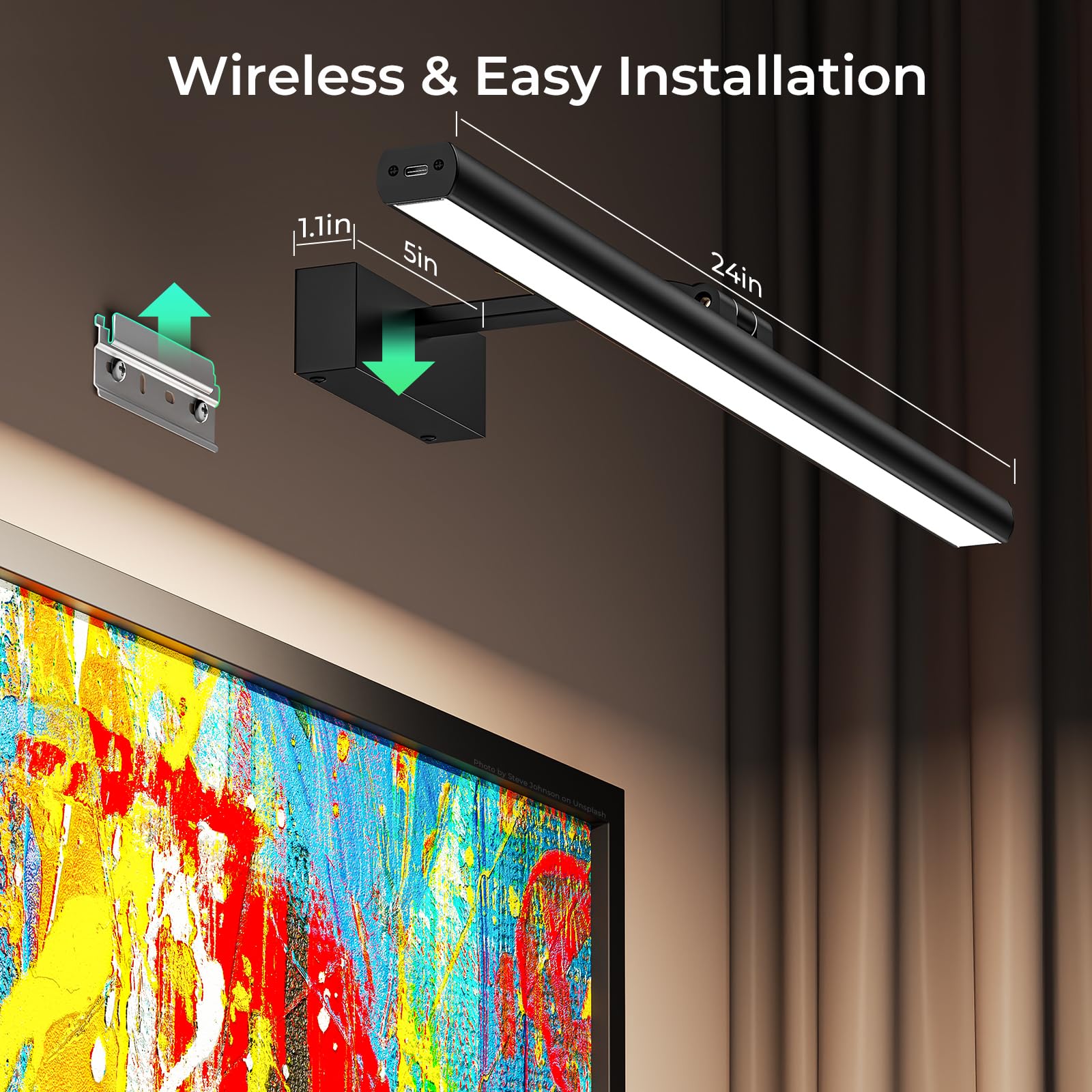 Wireless Picture Lights for Wall, Battery Operated Wall Light for Painting Rechargeable CCT Rotatable Art Gallery Light with Remote Dimmable Timer for Artwork Frame Display Dartboard (Black, 24inch)