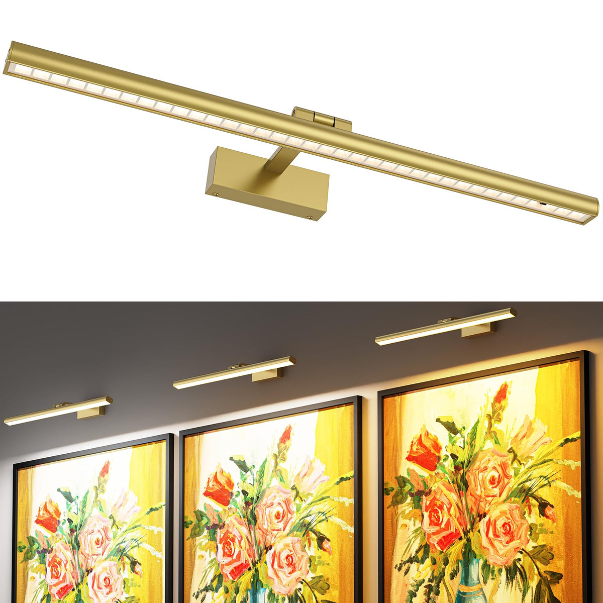 Wireless Picture Lights for Wall, Battery Operated Wall Light for Painting Rechargeable CCT Rotatable Art Gallery Light with Remote Dimmable Timer for Artwork Frame Display Dartboard (Gold, 24inch)