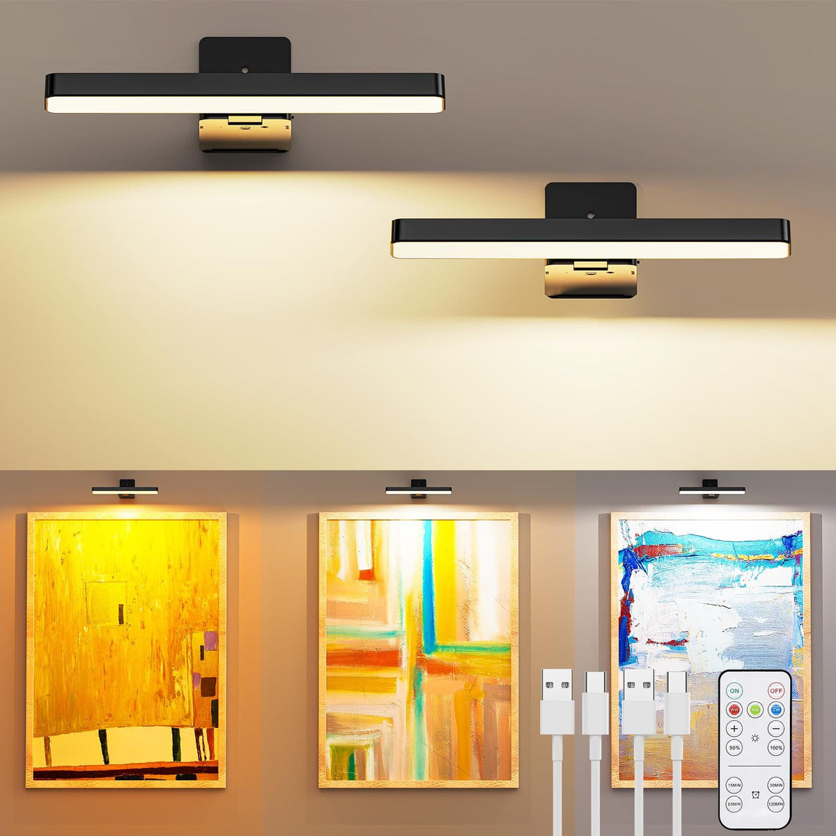 Rechargeable LED Picture Light, Black Cordless Wall Light with Remote Control, 3 Colour Temperatures, 10 Brightness Levels, 180° Adjustable Head, Timer, USB-C Charging 2 Pack Black
