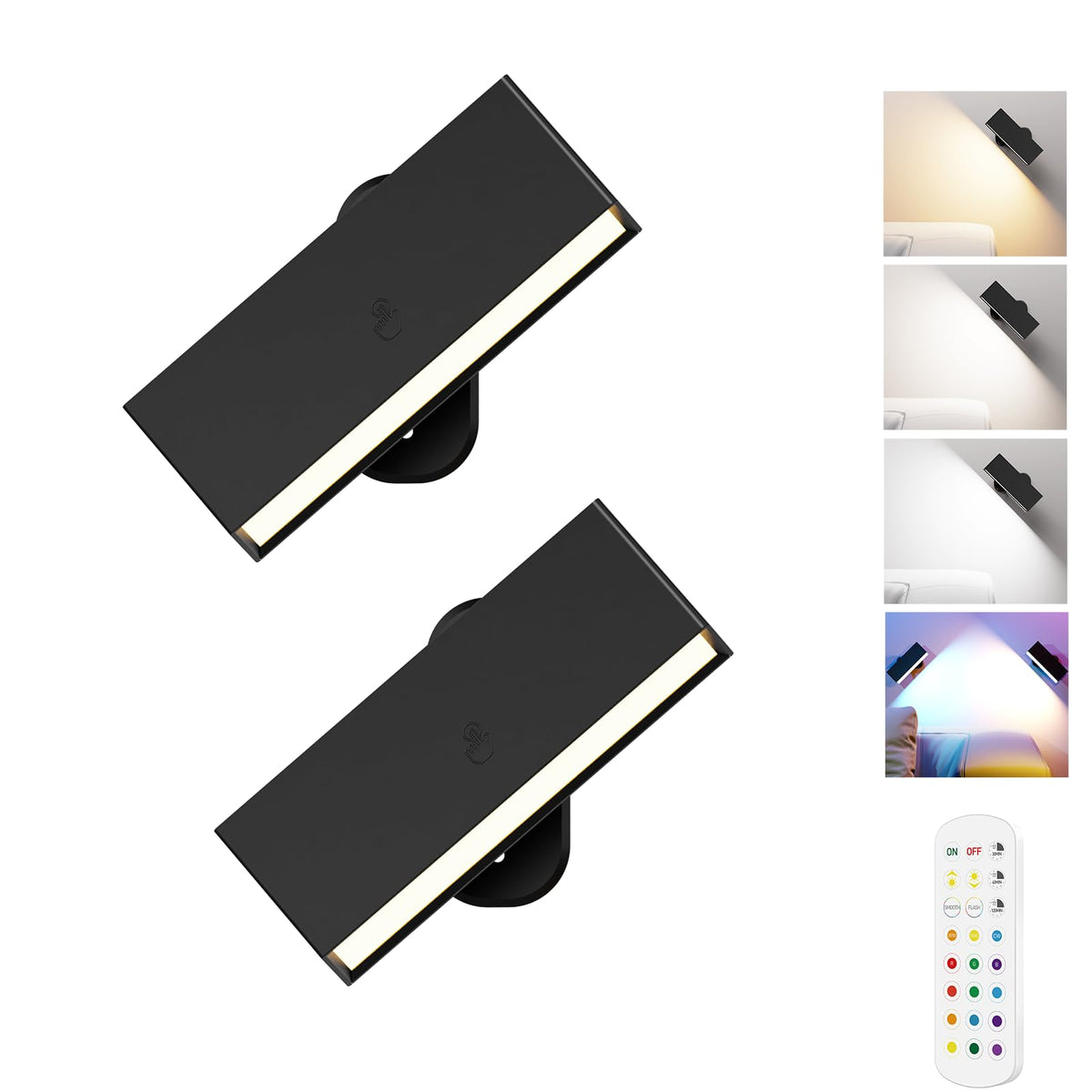 LED Wall Lights 2 Pack with Remote,Wall Sconces Lamp 3000mAh Rechargeable Battery Operated,3 Color Temperatures &amp; 12 RGB Dimmable Magnetic 360° Rotation Cordless Light (Black)