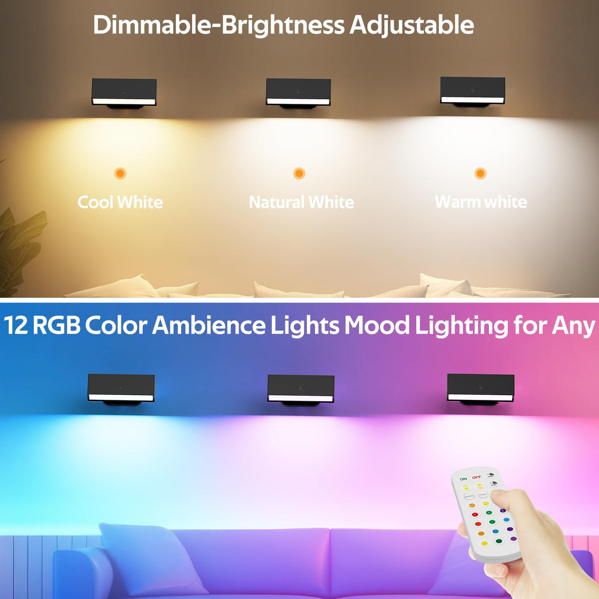 LED Wall Lights 2 Pack with Remote,Wall Sconces Lamp 3000mAh Rechargeable Battery Operated,3 Color Temperatures & 12 RGB Dimmable Magnetic 360° Rotation Cordless Light (Black)