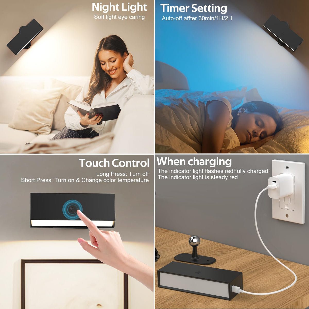 LED Wall Lights 2 Pack with Remote,Wall Sconces Lamp 3000mAh Rechargeable Battery Operated,3 Color Temperatures & 12 RGB Dimmable Magnetic 360° Rotation Cordless Light (Black)