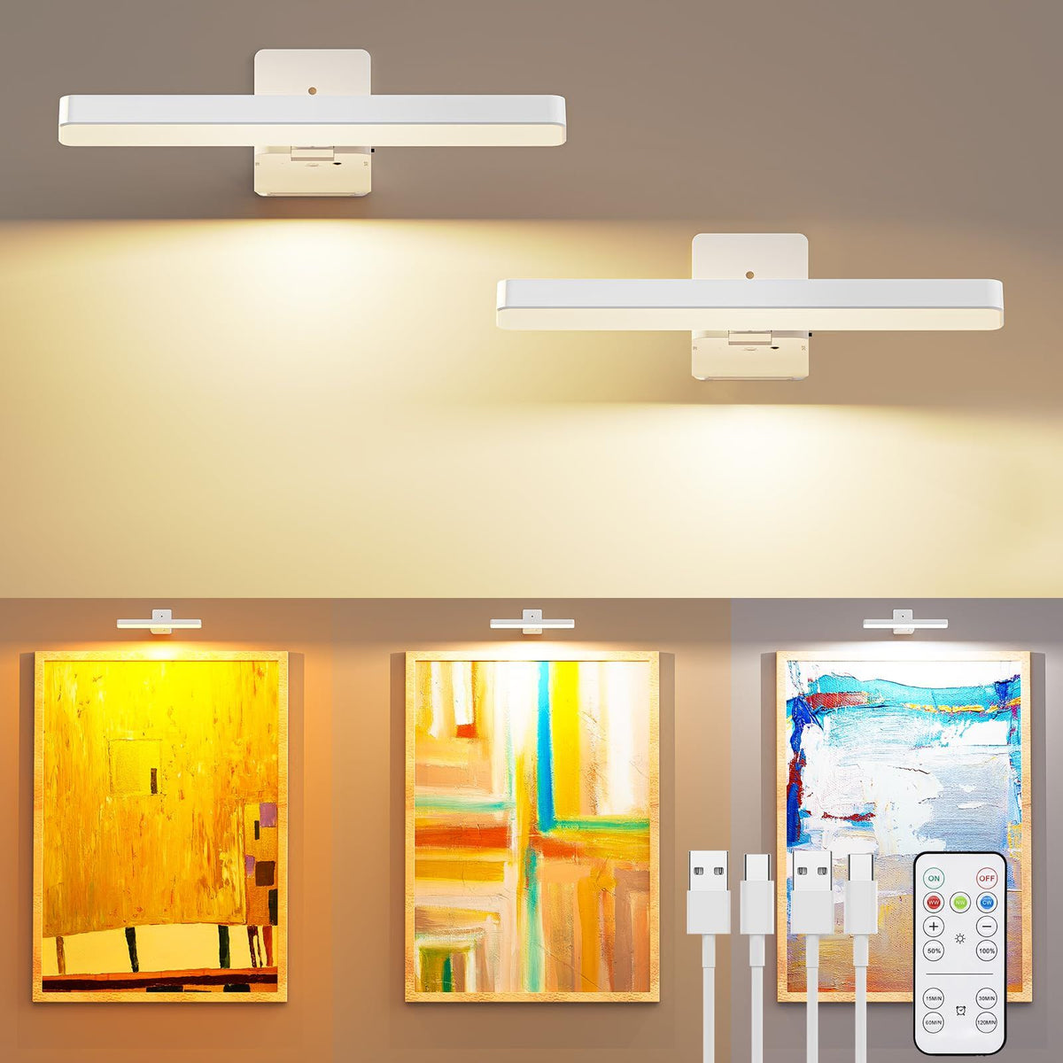 White Rechargeable Picture Light with Remote, Dimmable 3 Colour LED Wall Light for Artwork, Frames, Mirrors and Gallery Walls