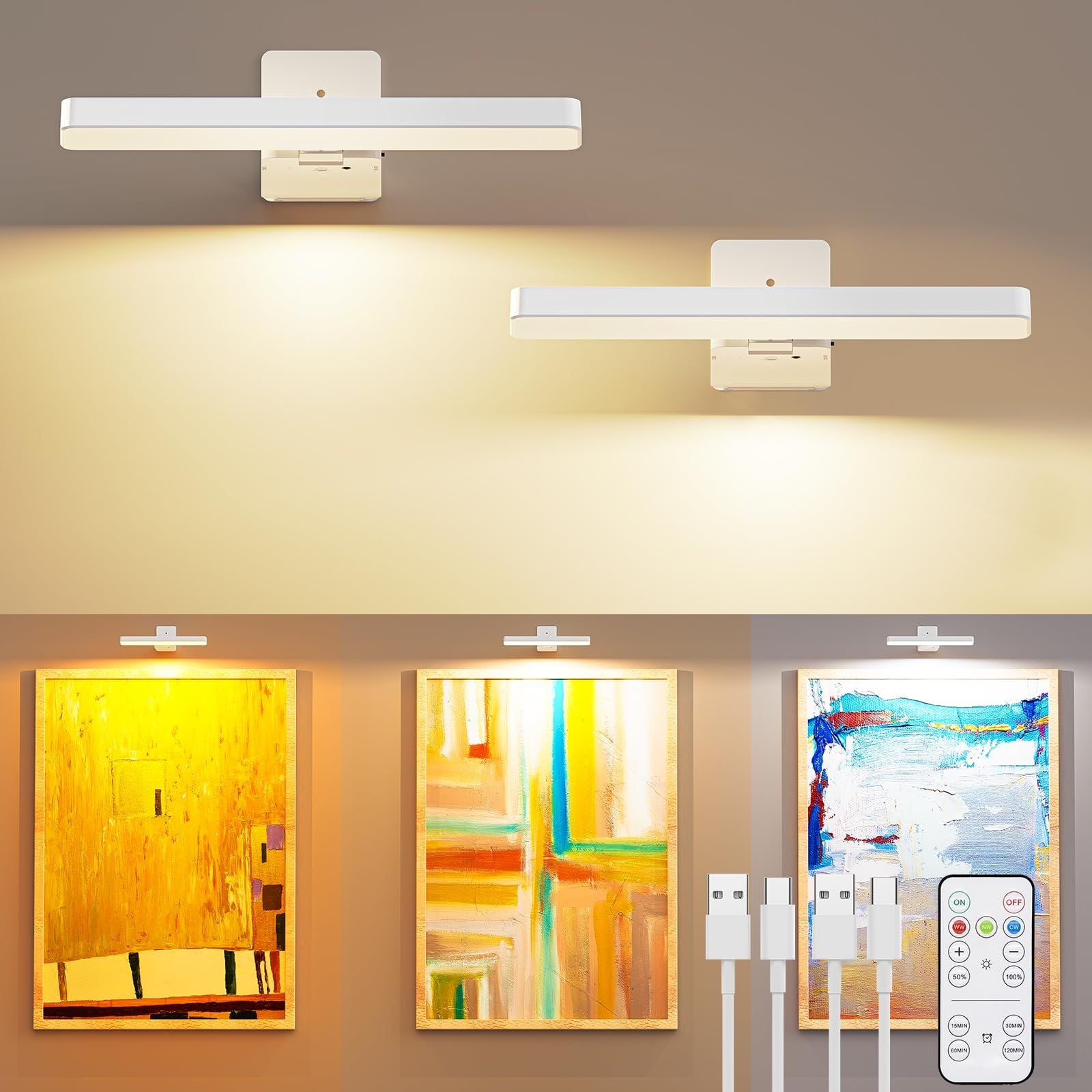 White Rechargeable Picture Light with Remote, Dimmable 3 Colour LED Wall Light for Artwork, Frames, Mirrors and Gallery Walls