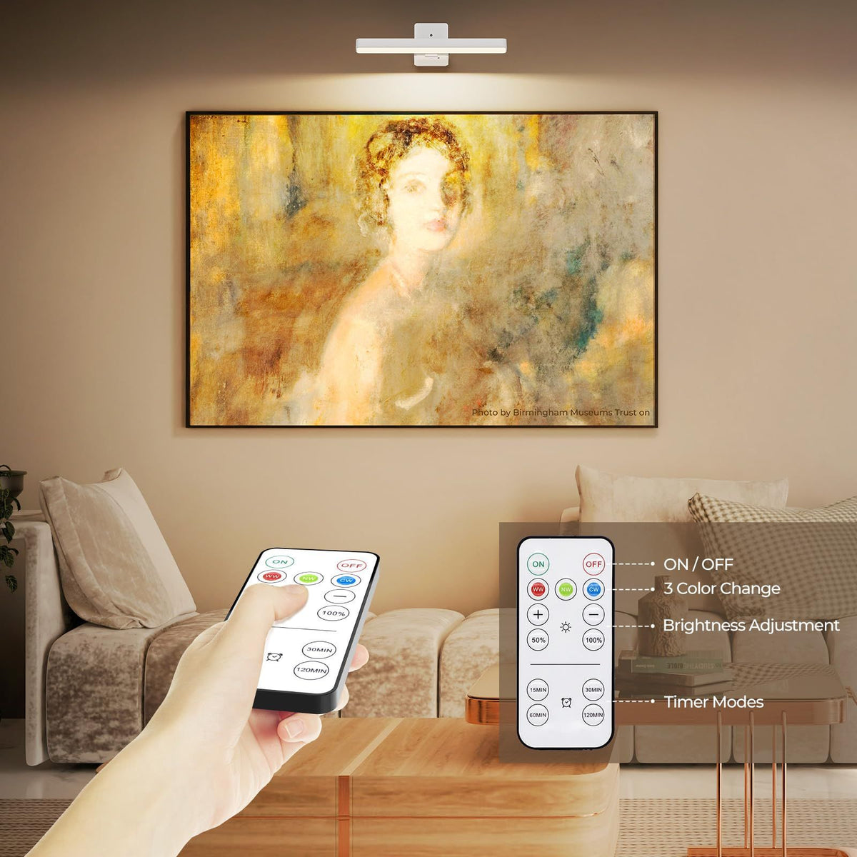 White Rechargeable Picture Light with Remote, Dimmable 3 Colour LED Wall Light for Artwork, Frames, Mirrors and Gallery Walls