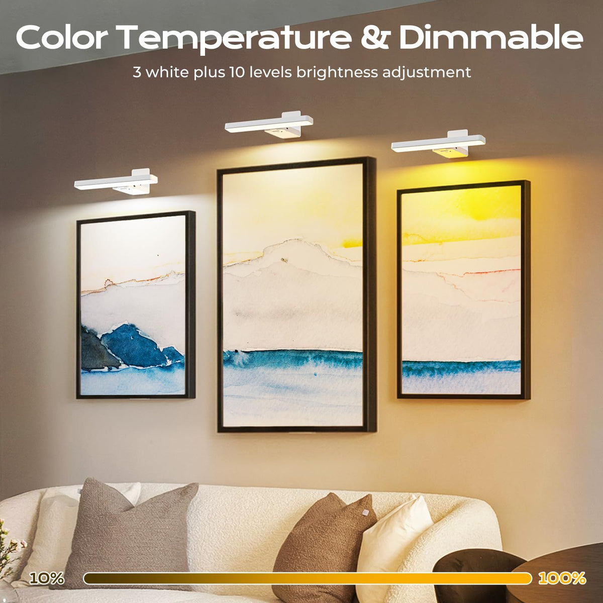 White Rechargeable Picture Light with Remote, Dimmable 3 Colour LED Wall Light for Artwork, Frames, Mirrors and Gallery Walls