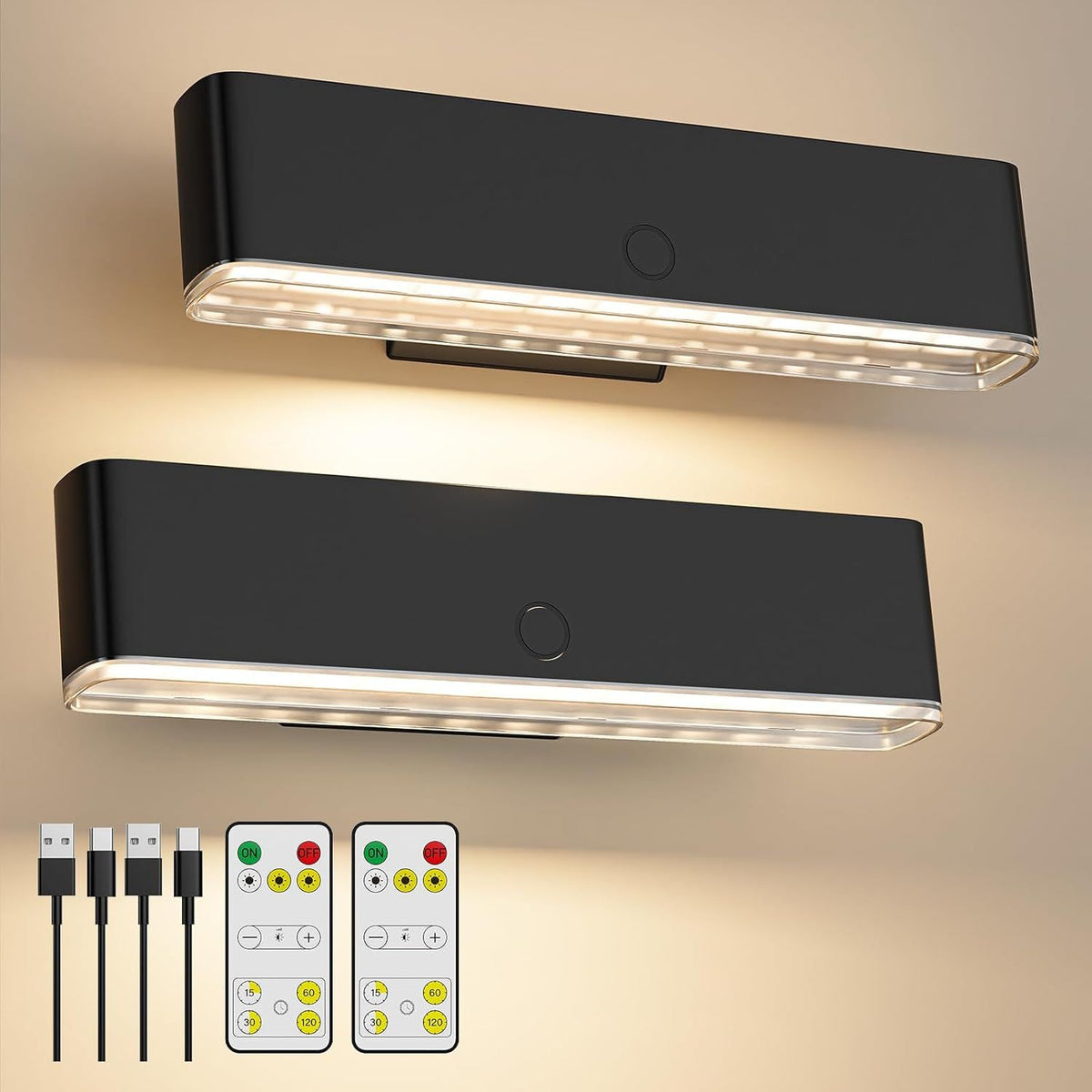 Battery Operated Wall Sconce Set of 2 Wireless Wall Lamp with Remote Control &amp; Touch Control Rechargeable LED Wall Lights 3 Color Temperatures 360° Rotatable for Bedroom Living Room Black