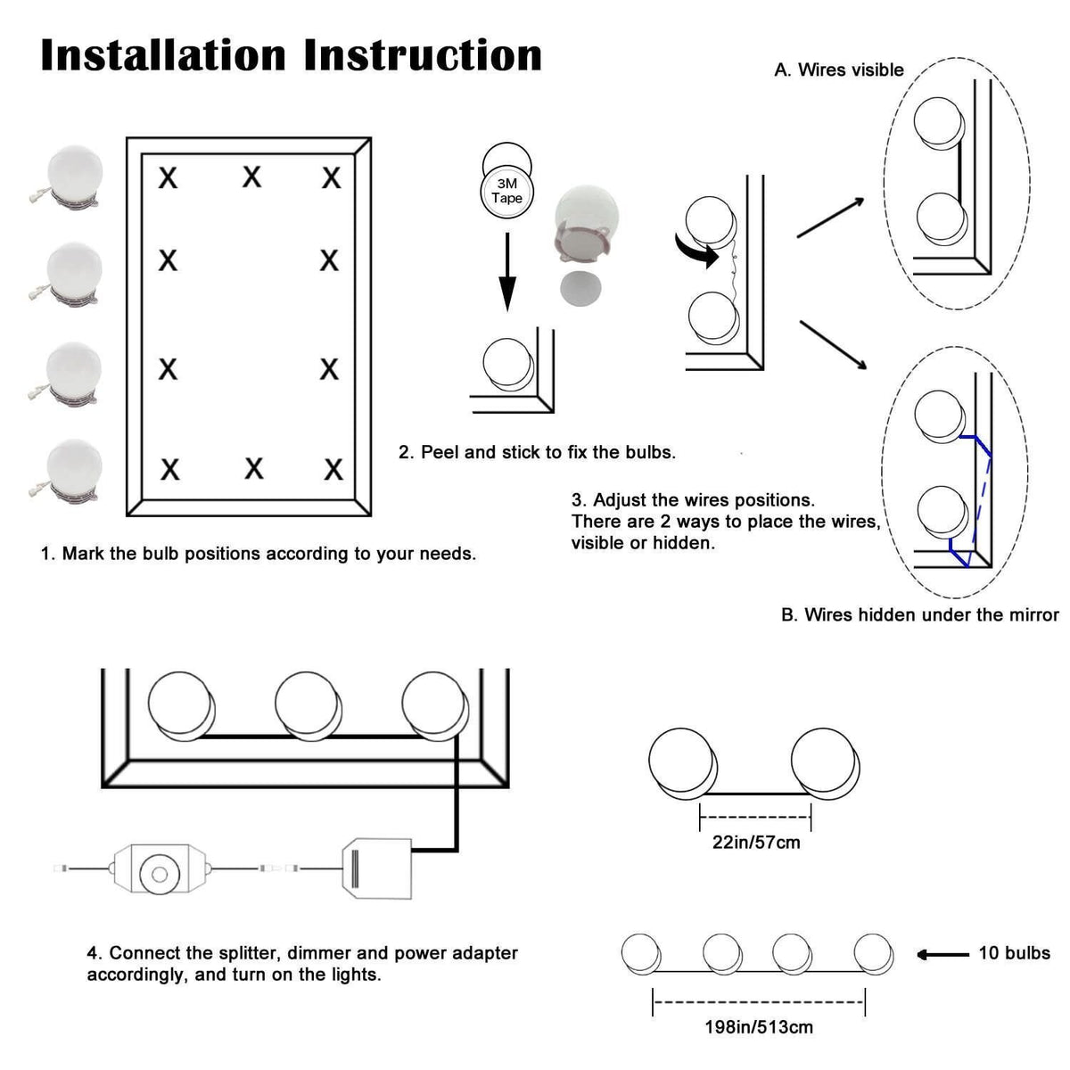 Hollywood Super Star Style Makeup Mirror Vanity LED Light Bulbs Kit for Dressing Table Dimmable & Plug in, Linkable and Flexible Strip, Mirror Not Included