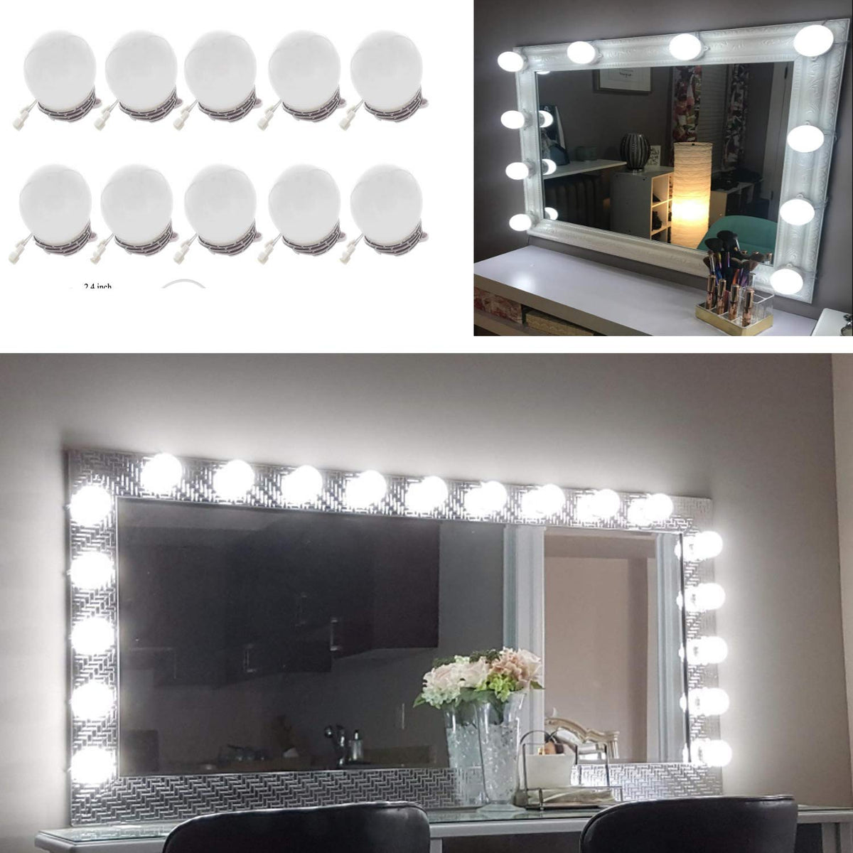Hollywood Super Star Style Makeup Mirror Vanity LED Light Bulbs Kit for Dressing Table Dimmable & Plug in, Linkable and Flexible Strip, Mirror Not Included