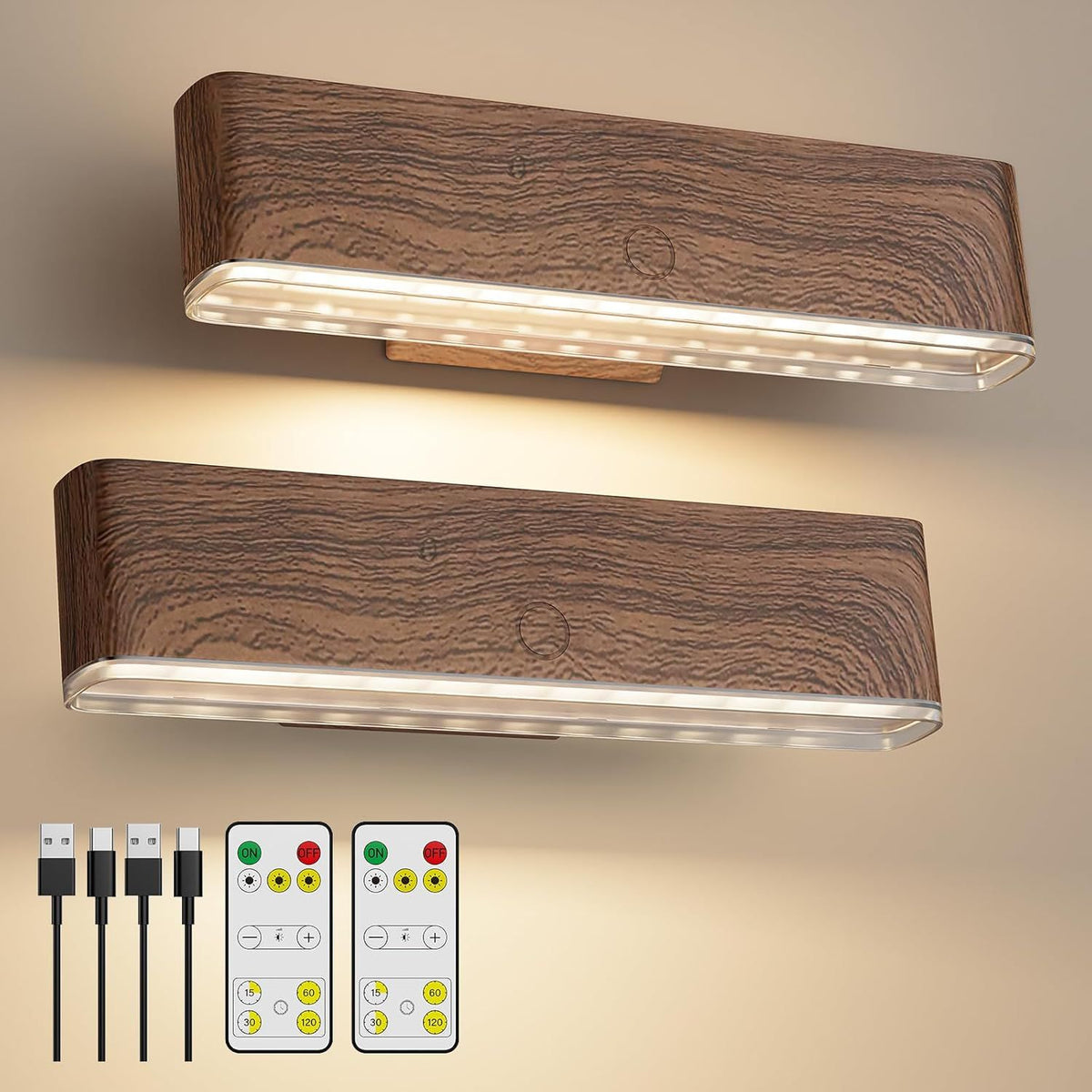 Magnetic Wireless Battery Operated Wall Sconce, Rechargeable Remote Control &amp; Touch Control Wall Sconces Set of Two, 3-Color Temperatures LED Wall Lights, 360° Rotatable (Walnut, 2-Pack)