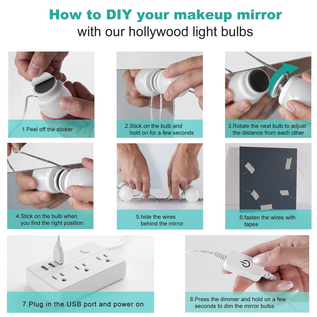 Dimmable Hollywood Style Lighted Vanity Makeup Mirror, LED Vanity Mirror Lights Kit with USB Port for Dressing Table, Mirror Not Included (4000K Natural White 6 Bulbs 5V USB)