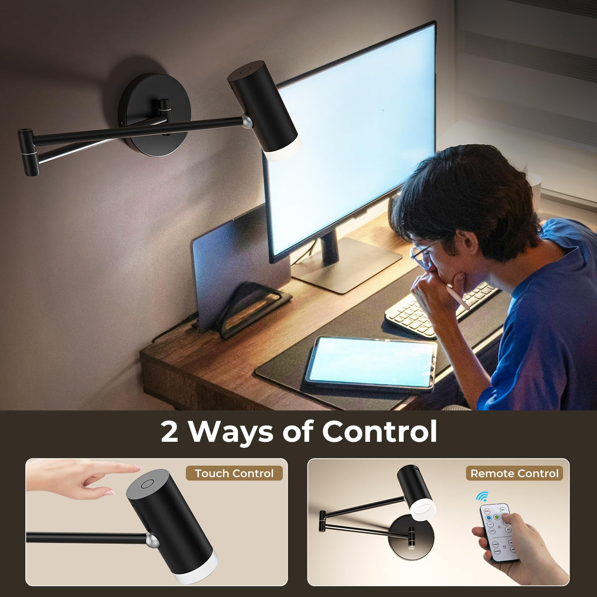 Battery Operated Wall Sconces Set of 2, Swing Arm Wall Lamp with Remote Control, Not Hardwired Led Wall Lamp Fixtures Dimmable Wall Light Decor for Bedroom Reading Living Room