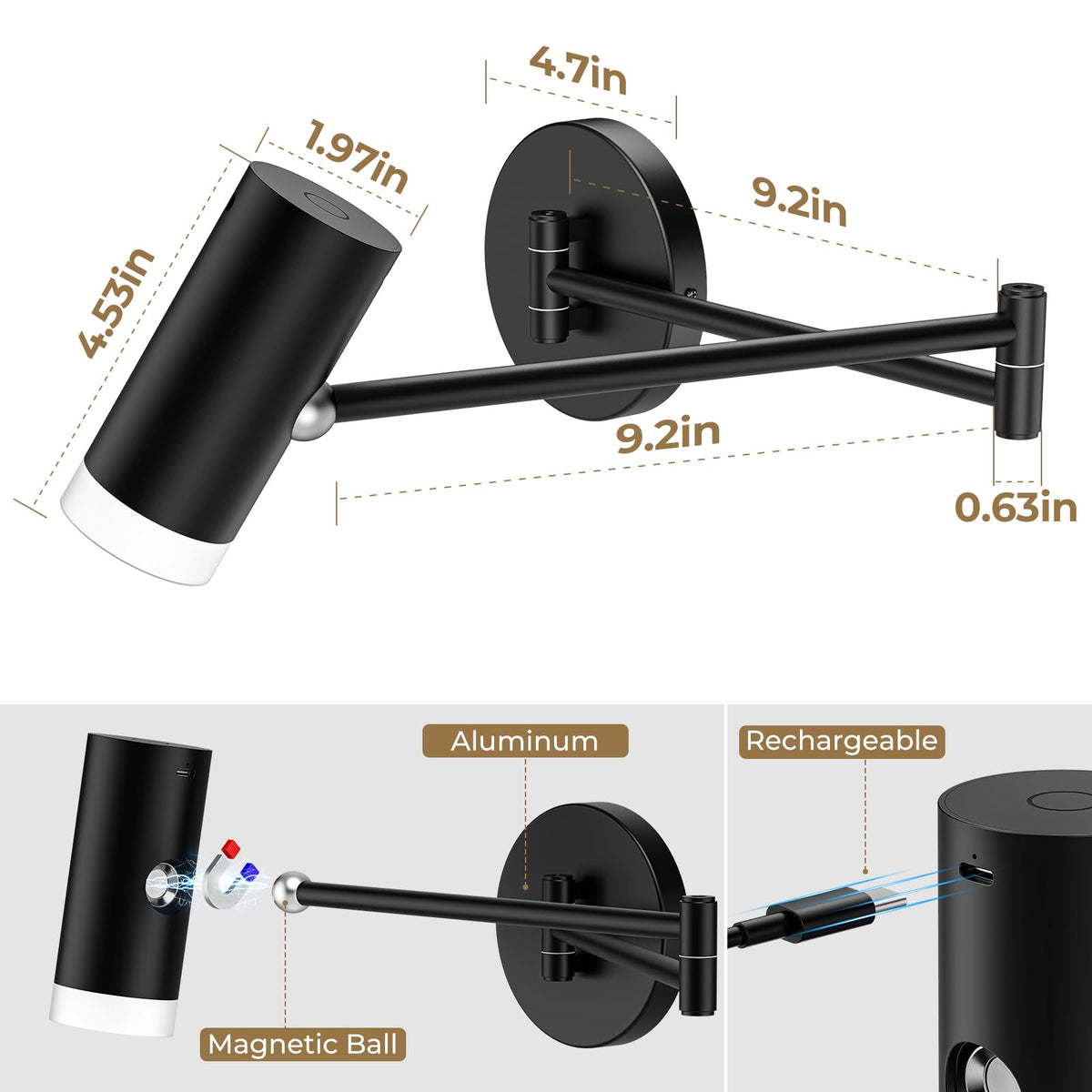 Battery Operated Wall Sconces Set of 2, Swing Arm Wall Lamp with Remote Control, Not Hardwired Led Wall Lamp Fixtures Dimmable Wall Light Decor for Bedroom Reading Living Room