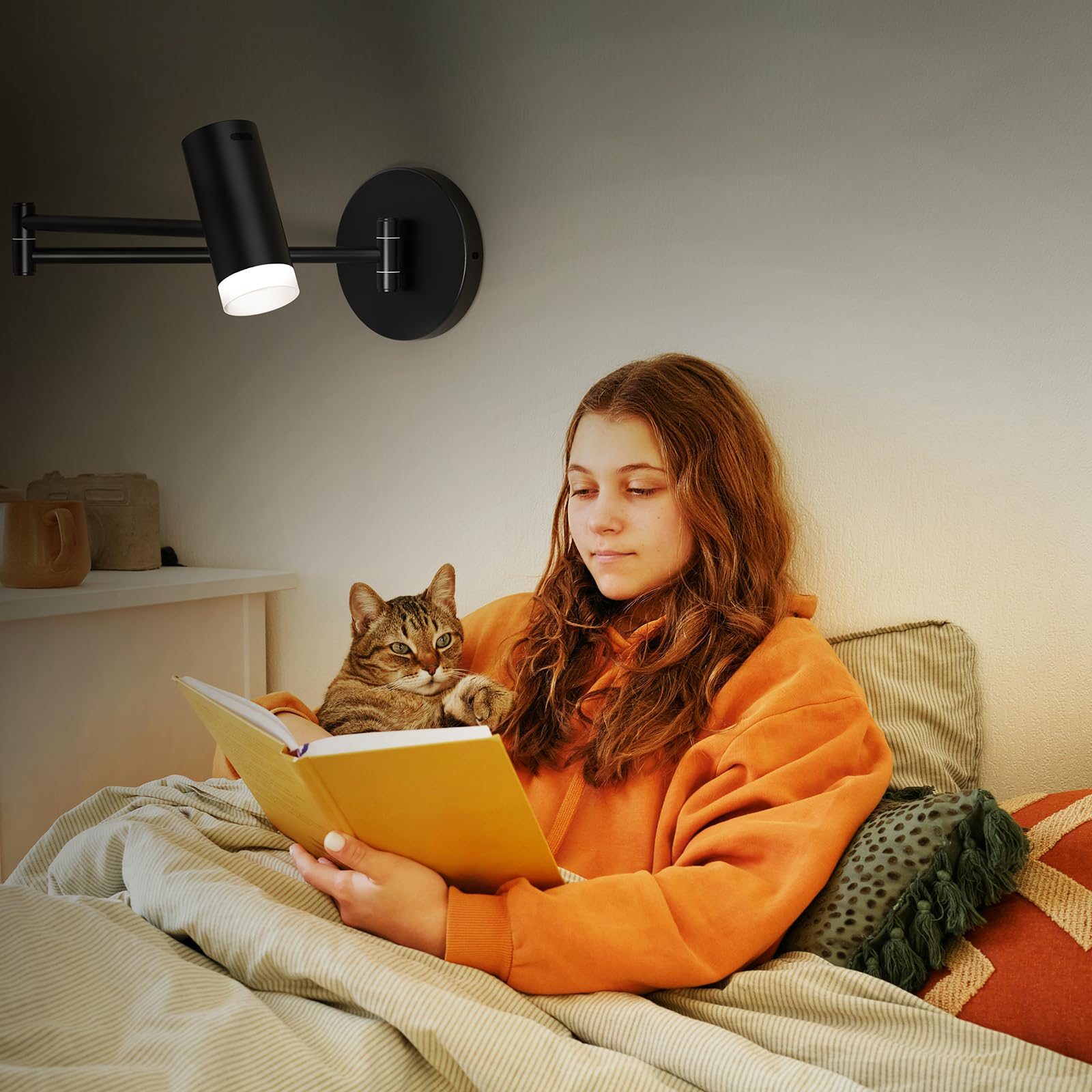 Battery Operated Wall Sconces Set of 2, Swing Arm Wall Lamp with Remote Control, Not Hardwired Led Wall Lamp Fixtures Dimmable Wall Light Decor for Bedroom Reading Living Room