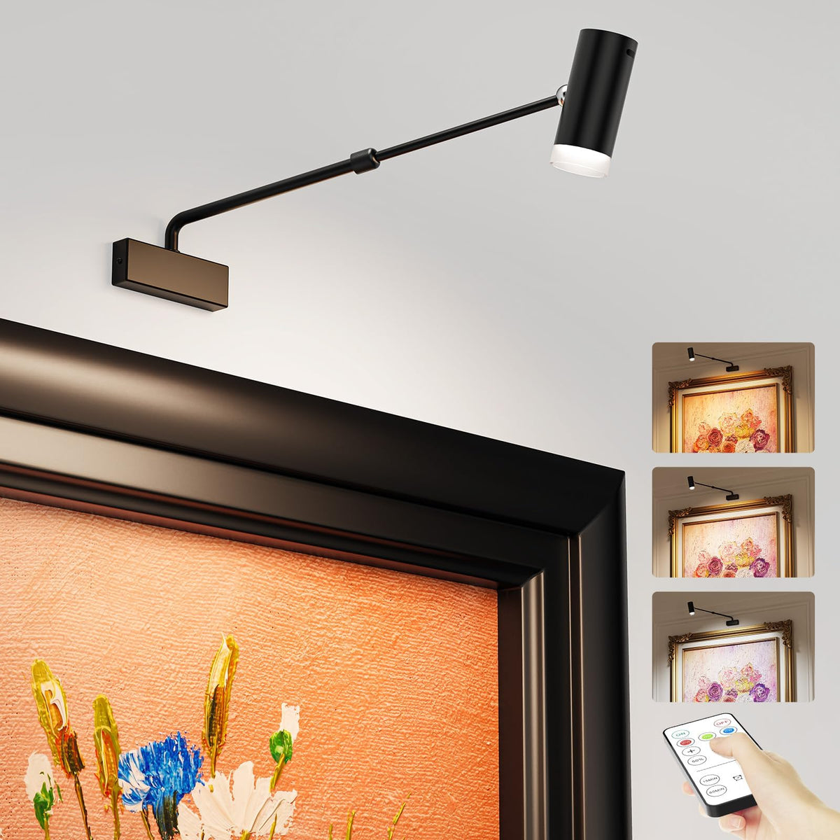 Rechargeable Picture Light with Remote Control, Adjustable Wall Sconce, 4000mAh Battery, Dimmable LED Art Light for Gallery, Bedroom &amp; Bathroom