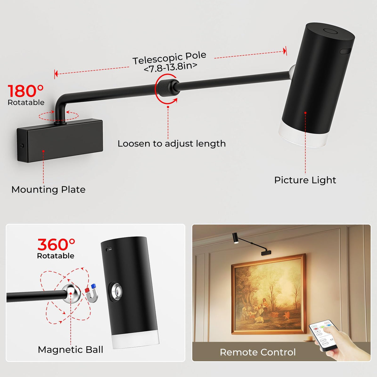 Rechargeable Picture Light with Remote Control, Adjustable Wall Sconce, 4000mAh Battery, Dimmable LED Art Light for Gallery, Bedroom & Bathroom