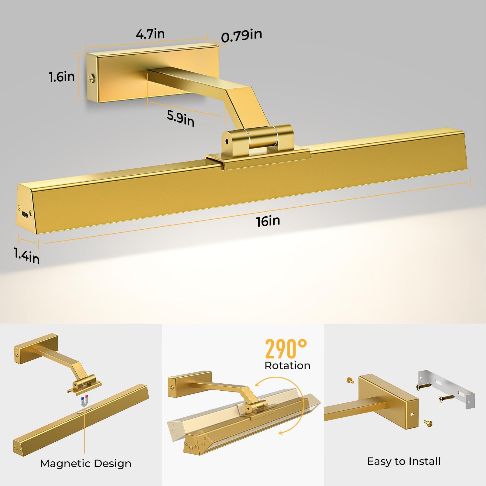 Picture Lights for Wall, Battery Operated Picture Light 16in Gallery Light for Paintings CCT Dimmable Gold