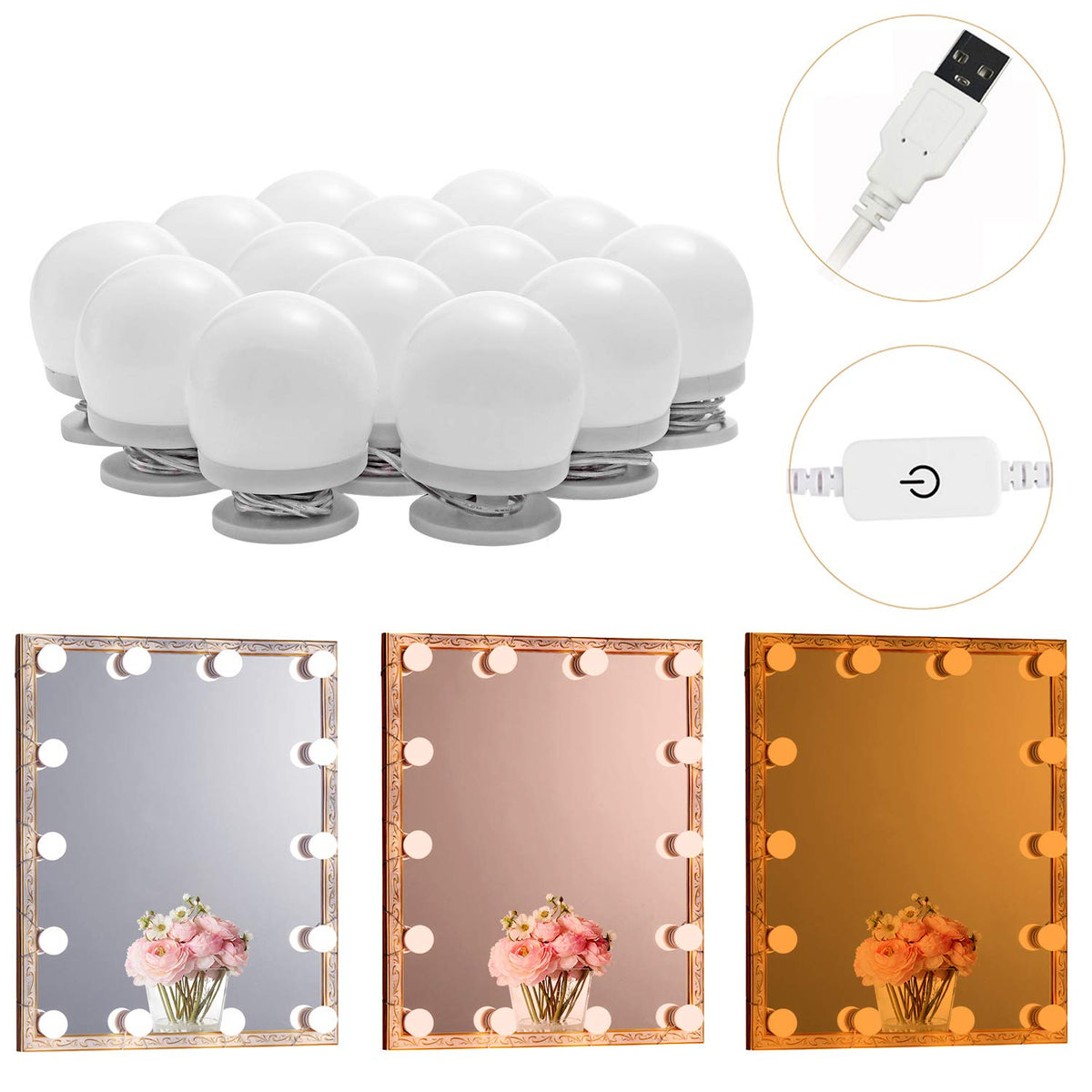 LED Makeup Vanity Lights with 14 Dimmable Light Bulbs, Hollywood Style Cosmetic Mirror Lights, USB Cable, 3 Color Modes for Dressing Room Tabletop Bedroom