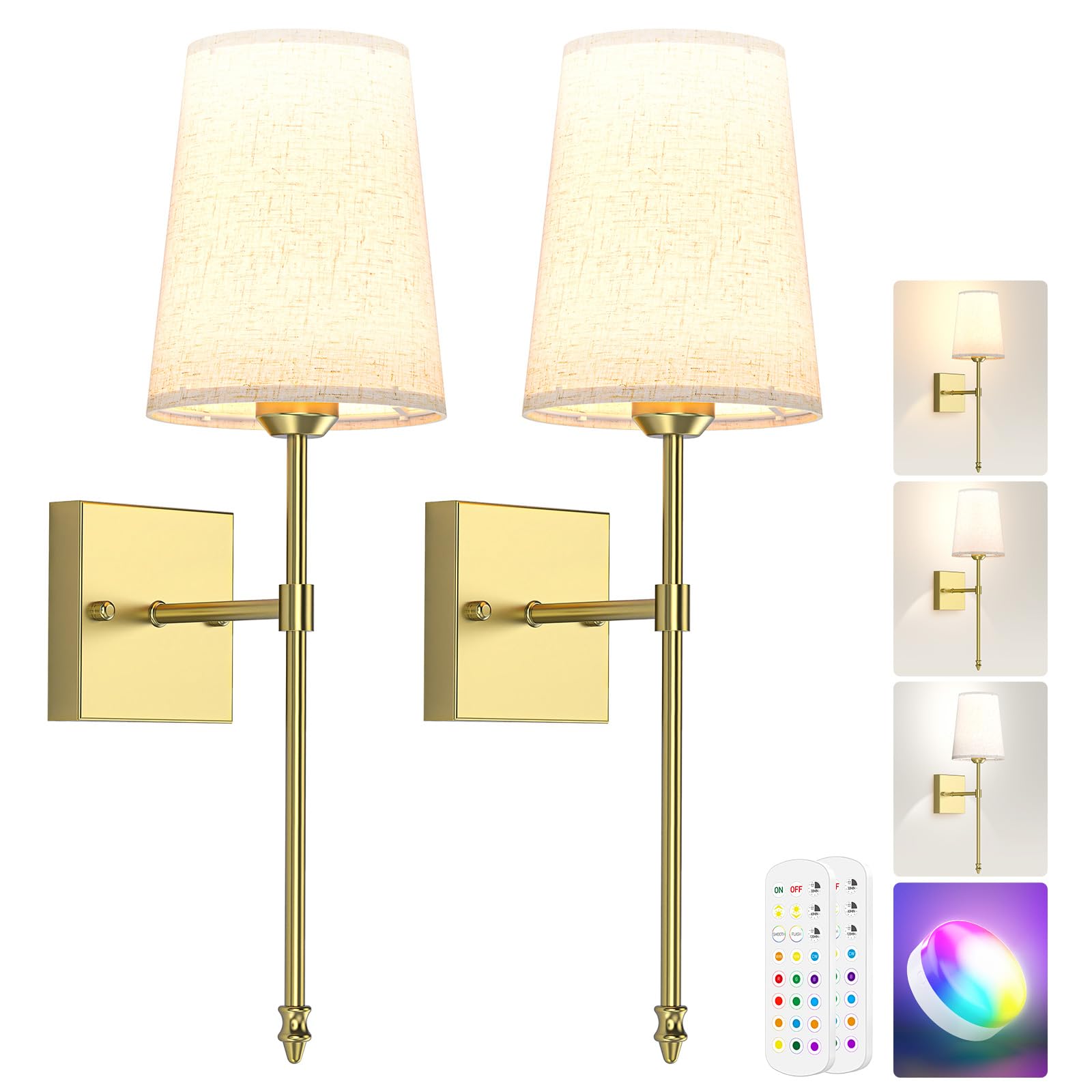 Battery Operated Wall Sconce, 5000mAh Rechargeable Dimmable RGB Wall Sconce Set of 2 with Remote, 3 Color Temperature Indoor Battery Powered Wall Lamp Light for Bedroom Living Room