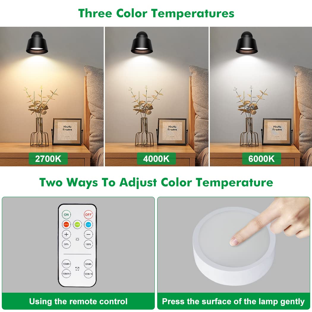 Night Light Wireless Wall Light Indoor LED 2 Pack,Battery Operated Wall Lights Rechargeable Lamp with Remote,Touch Lamp Dimmable Wall Sconces Bedside Lamp for Bedroom Livingroom (Black, 2Pack) [Energy Class E]