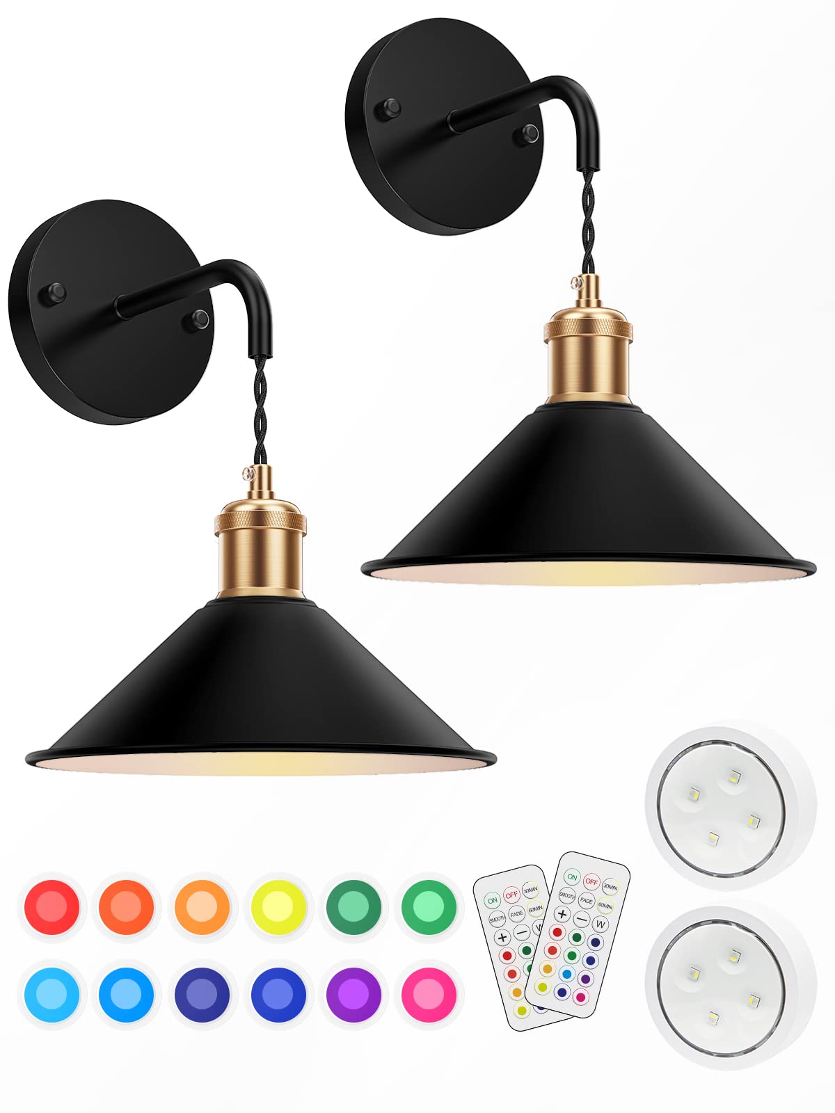 Battery Operated Wall Sconce, Wireless Wall Lights Set of 2, 13 RGB Colors Dimmable Battery Powered Wall Lamp with Remote Memory Function Auto Timer for Bedroom Living Room Hallway