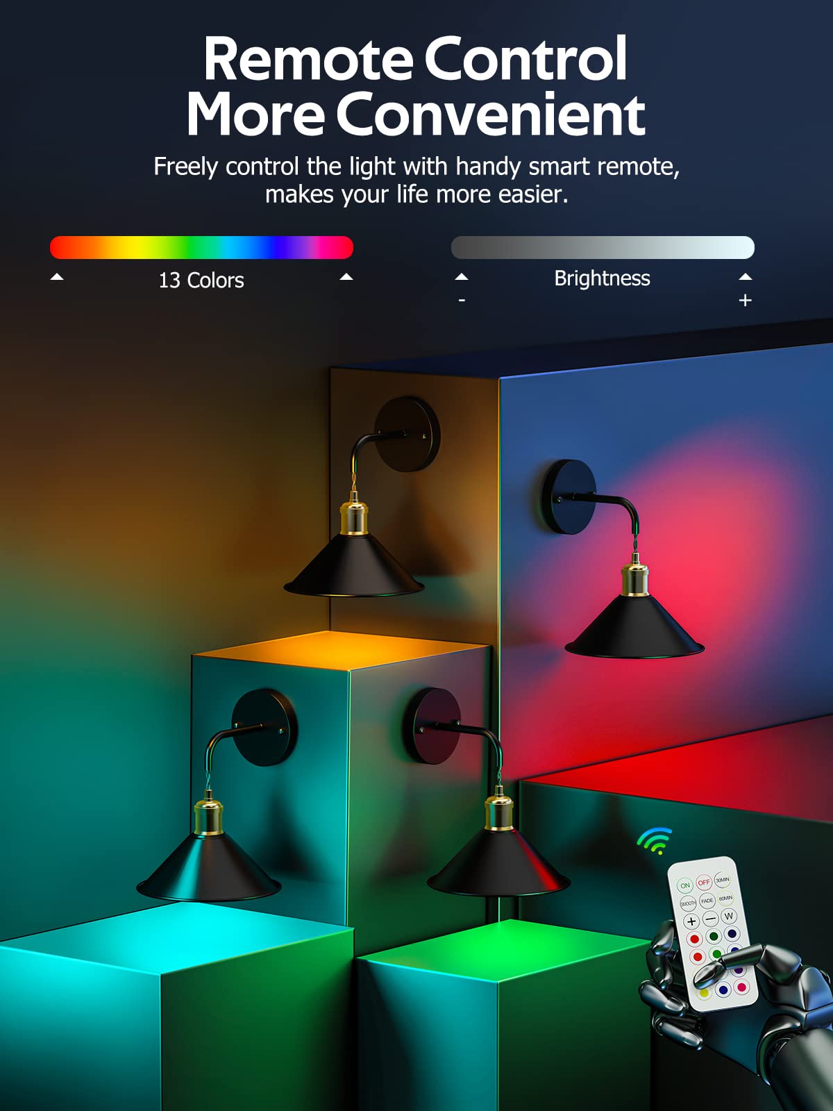 Battery Operated Wall Sconce, Wireless Wall Lights Set of 2, 13 RGB Colors Dimmable Battery Powered Wall Lamp with Remote Memory Function Auto Timer for Bedroom Living Room Hallway