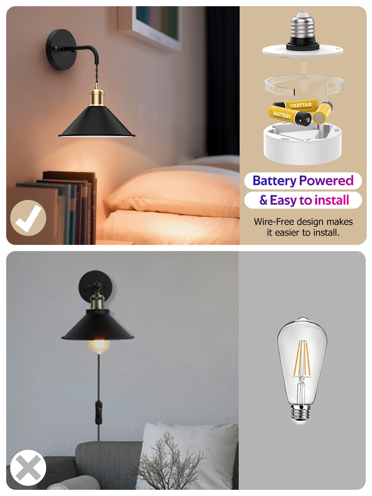 Battery Operated Wall Sconce, Wireless Wall Lights Set of 2, 13 RGB Colors Dimmable Battery Powered Wall Lamp with Remote Memory Function Auto Timer for Bedroom Living Room Hallway