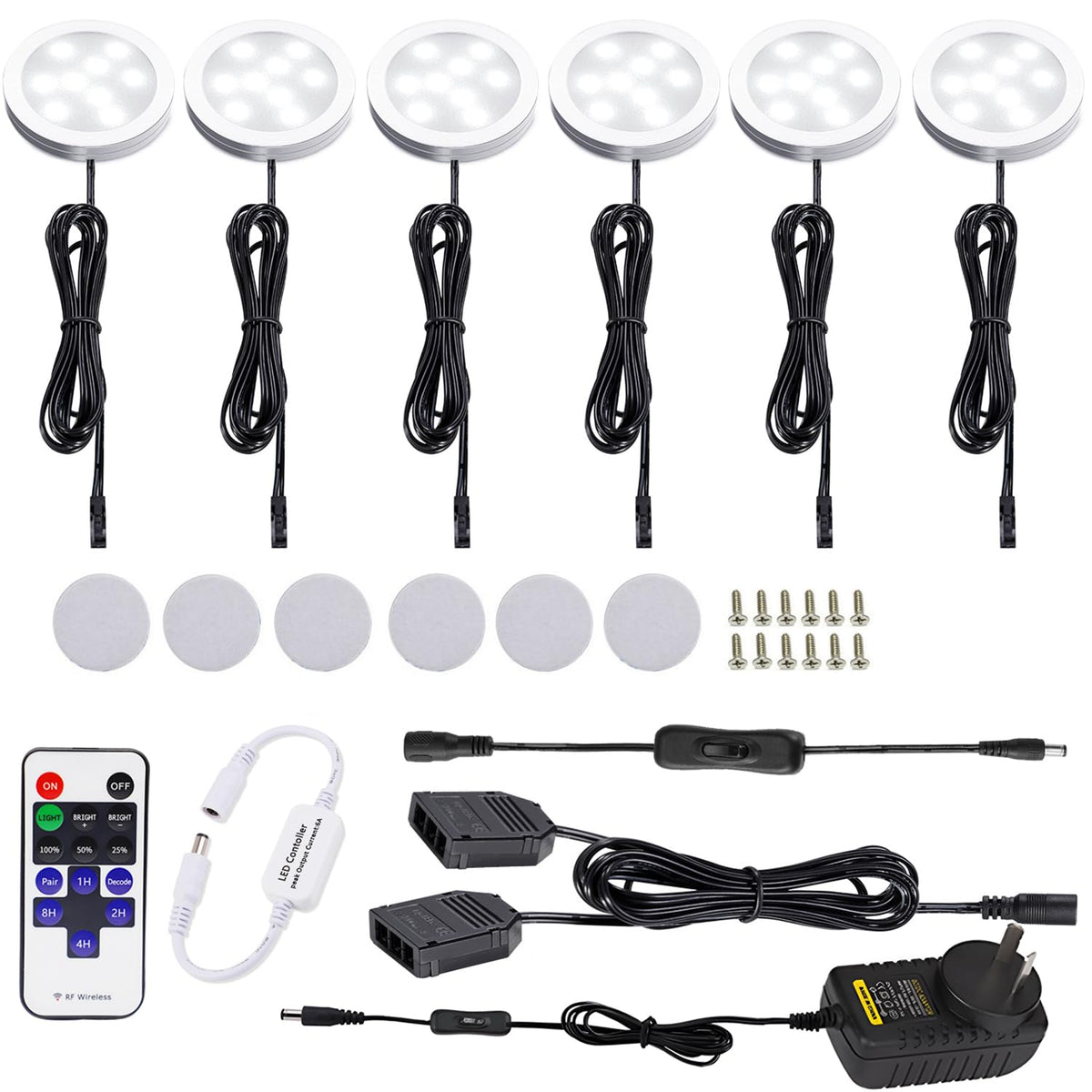 Dimmable &amp; Timing Under Counter Lights Kitchen with Wireless RF Remote,Ultra-Thin 240V LED Cabinet Lights,12W Shelf Lights，6 Lights,Daylight White