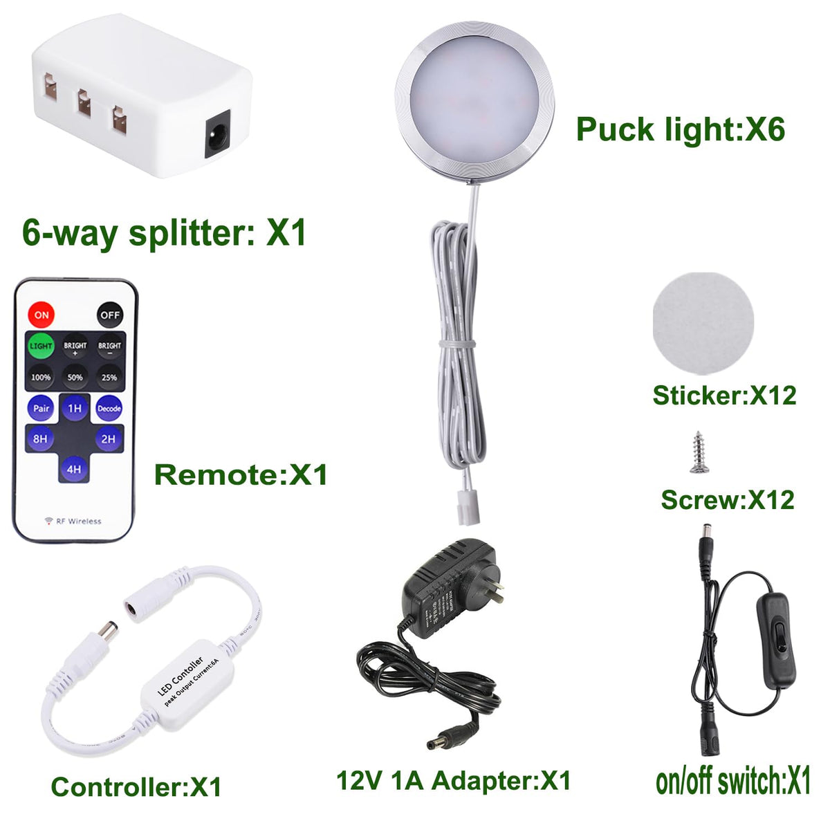 Dimmable LED Under Cabinet Lighting, Counter Showcase Kitchen Lighting Fixtures with 12V Plug in Adapter and Dimmable Wireless Remote Control, 6 Ultra Slim Puck Lights Kit