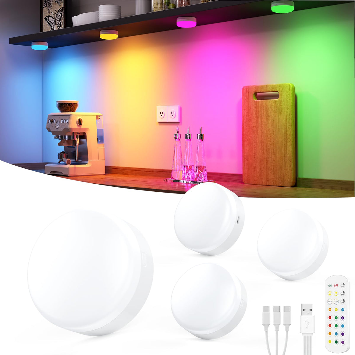 Puck Lights with Remote Control, 4-Pack Wireless Stick On Lights for Under Cabinet, Closet, Bedroom, Staircase &amp; Bookshelf, 3000mAh Battery Operated Color Changing Lighting (RGB&amp;CCT)