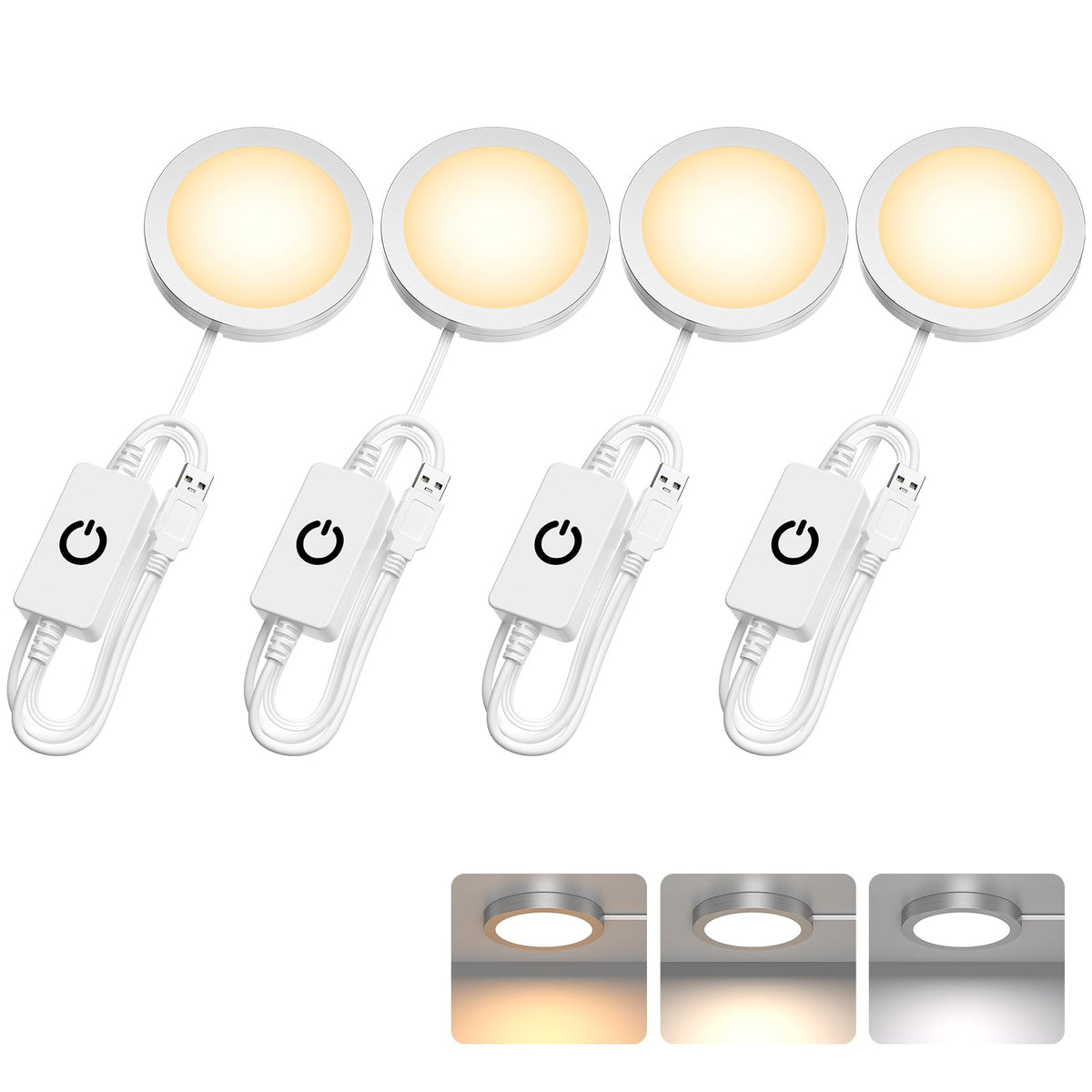 4 Pack Puck Lights 5V Single USB Powered,3 Color Temperature Adjustable &amp; Dimmable Under Cabinet Light,3D Printer LED Lamp Kit for Cabinet,Wardrobe,Showcase
