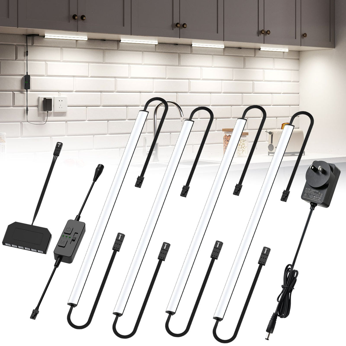 Under Cabinet Lighting, Timer &amp; CCT 2700-6000K with Slider Dimmer, Plug-in 12Inch 12W Lights for Curio Cabinet, Kitchen, Bookshelf (4 Bars Kit)