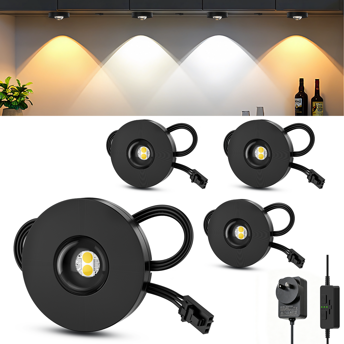 Under Cabinet Lighting, Timer &amp; CCT 3000-6000K Puck Lights, Dimmable with Slider Controller, Plug-in Counter Lights for Kitchen Cabinet, Display Case, Bookshelf, Closet, Curio Cabinet (4Pack)