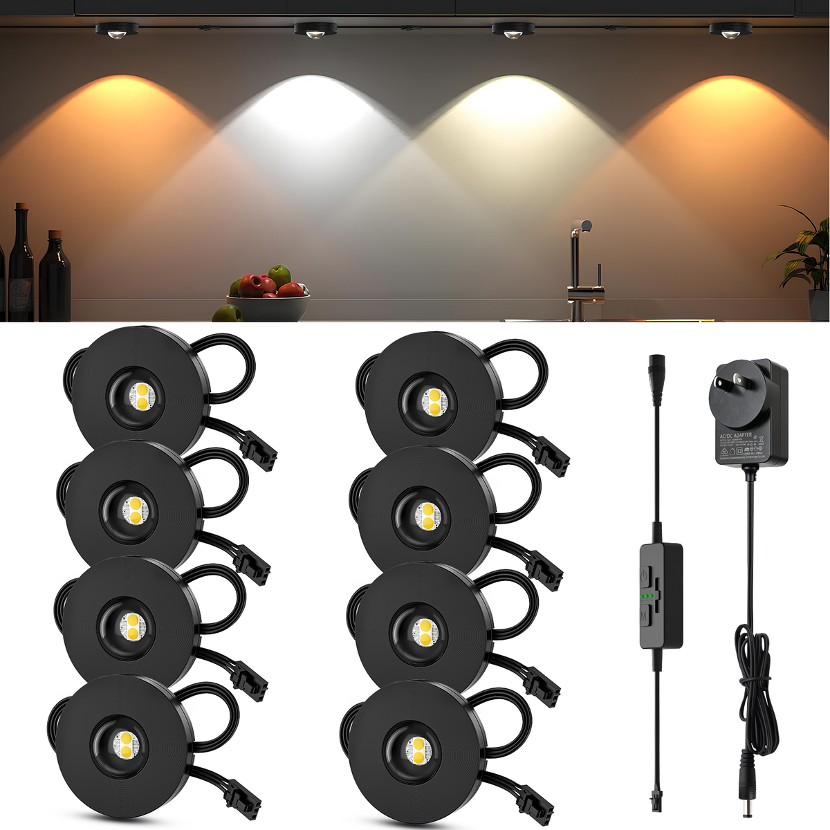 Under Cabinet Lighting, Timer &amp; CCT 3000-6000K Puck Lights, Dimmable with Slider Controller, Plug-in Counter Lights for Kitchen Cabinet, Display Case, Bookshelf, Closet, Curio Cabinet (8Pack)
