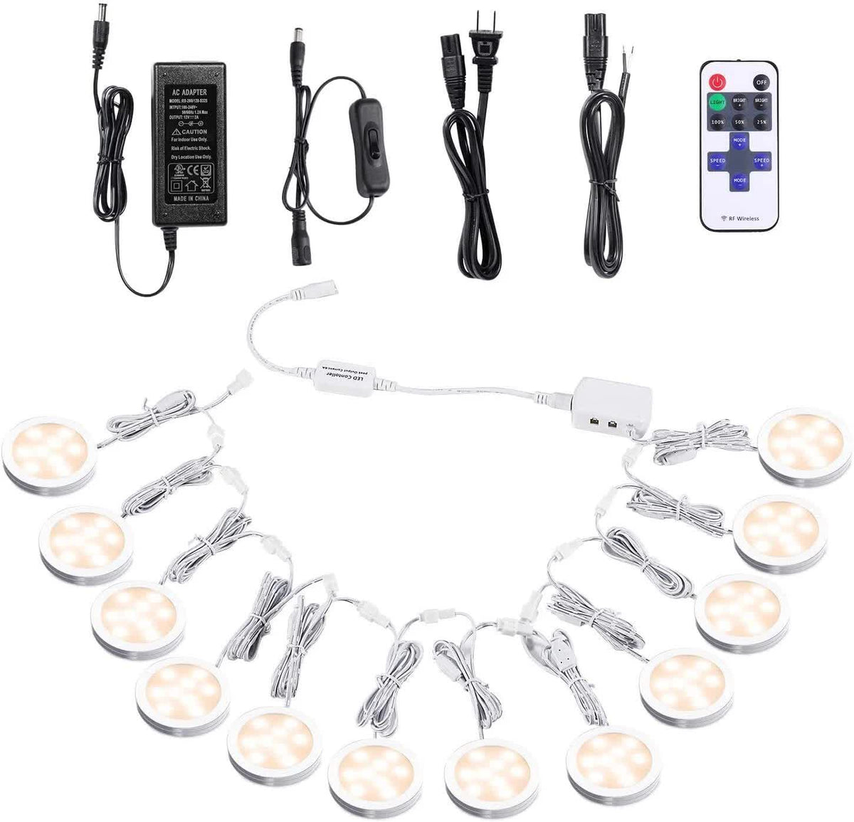 Linkable Under Cabinet LED Lighting 12V Dimmable Puck Lights with Wireless RF Remote Control, Hardwired &amp; Wall Plug in for Kitchen Mood Lighting,Warm White