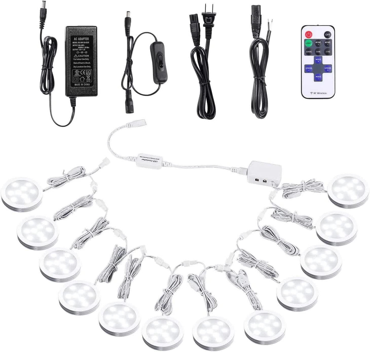 Linkable Under Cabinet LED Lighting 12V Dimmable Puck Lights with Wireless RF Remote Control, Hardwired &amp; Wall Plug in for Kitchen Mood Lighting,Daylight White