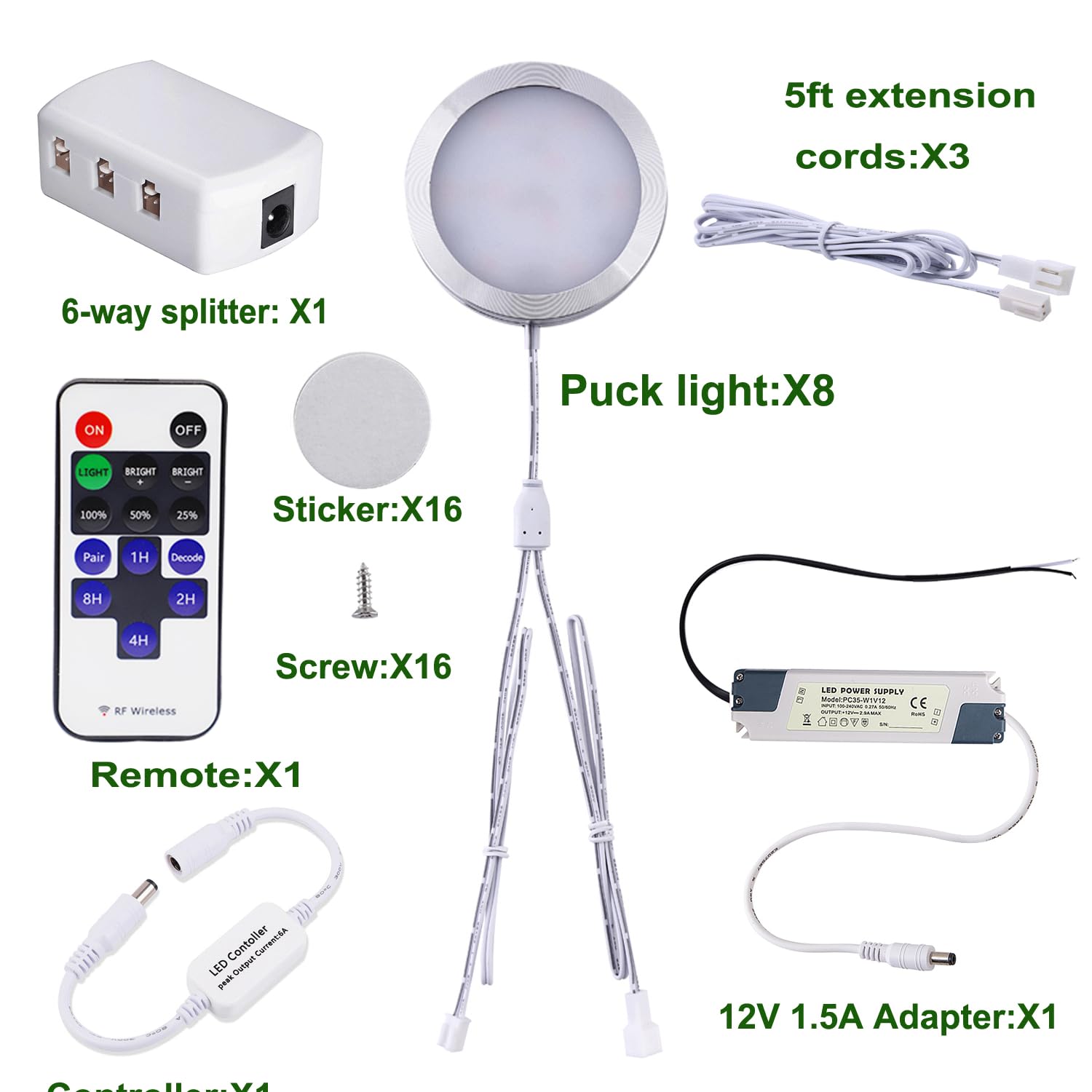 Linkable Under Cabinet LED Lighting 12V Dimmable Puck Lights Hardwired with Wireless RF Remote Control for Kitchen Mood Lighting(8 Lights, Warm White)