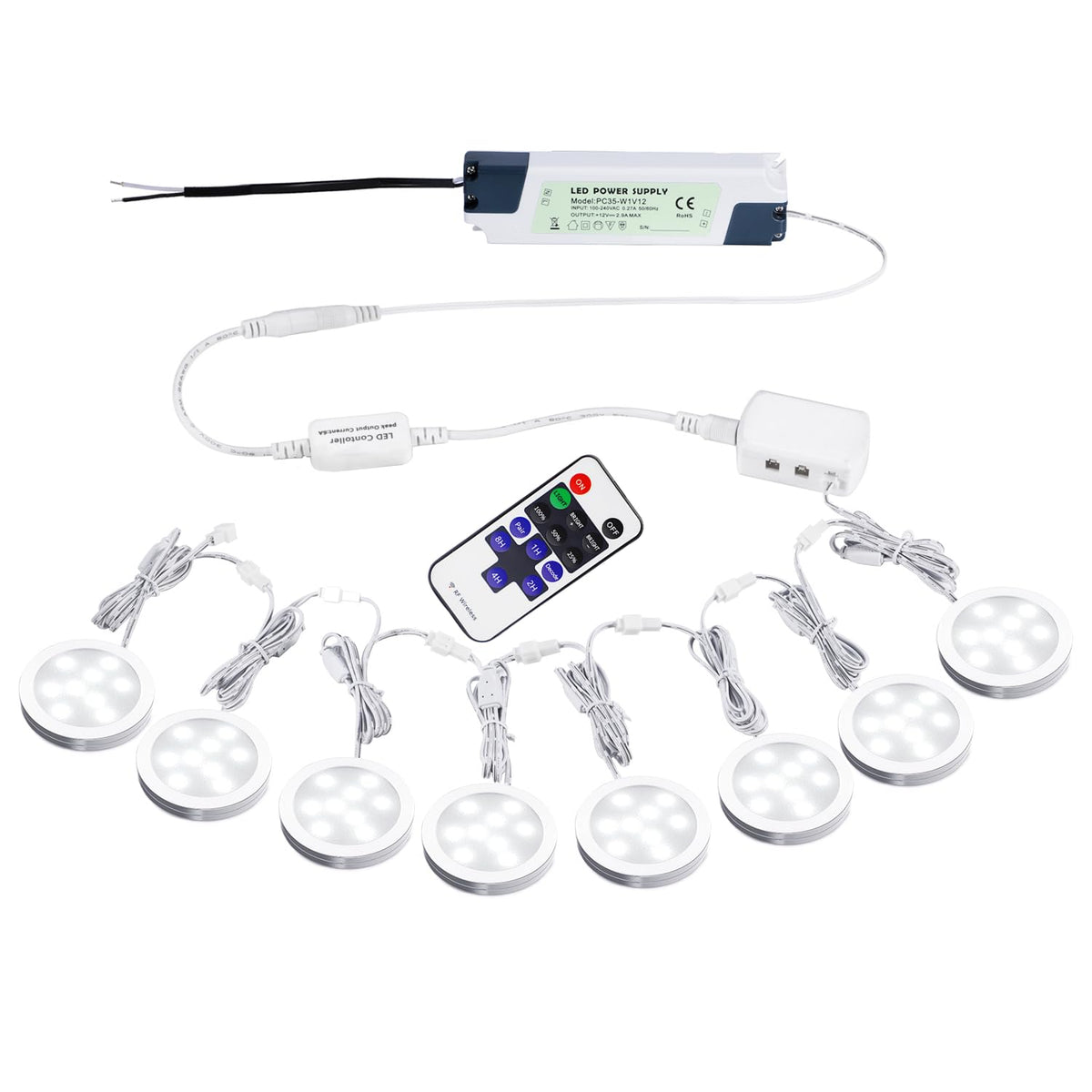 Linkable Under Cabinet LED Lighting 12V Slim Aluminum Dimmable Puck Lights Direct Wired with RF Remote Control for Kitchen Lighting(8pack Daylight White)